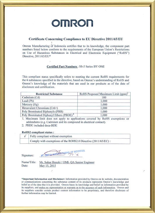 Certificate Concerning Compliance to EU Directive